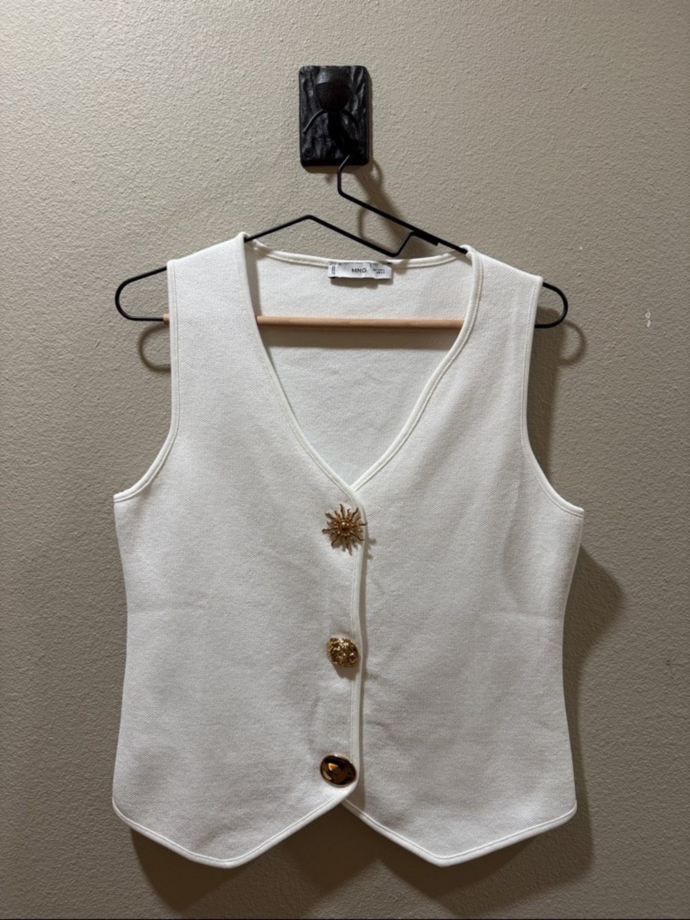 Mango white V‑Neck Knit Vest with Gold Decorative Buttons - US L NWOT